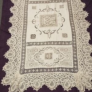 Antique Lace Crochet Linen Tablecloth 26x58 w/ Drape 42x74 Handmade Old Vintage